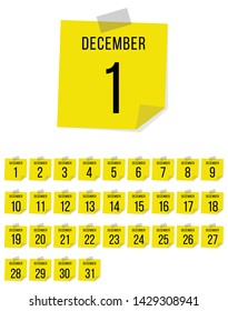 December. Vector flat daily calendar set. Icon. day month year. Yellow sticker