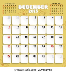 December. Vector Month Calendar 2015. Paper and long shadows style.     Handmade font used.