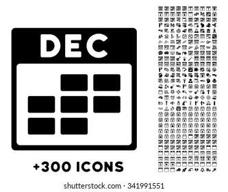 December vector pictogram with additional 300 date and time management icons. Style is flat symbols, black color, rounded angles, white background.
