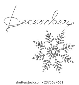 December vector text. Calligraphic lettering. Line continuous snowflake, graphic design, hand drawn element for print, banner, wall art poster, card, logo, calendar, winter holiday season checklist.