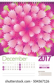 December wall calendar 2017 template with abstract floral design, ready for printing. Size: 297mm x 420mm. Format vertical. English version
