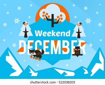 December weekend. Designed for printing, postcards, calendars, notebooks, diary. The owl and the raccoon sitting on the letter, rowan, winter apples. Snowy mountains. Snowfall. Winter season.