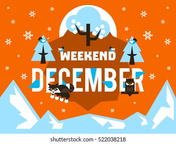 December weekend. Designed for printing, postcards, calendars, notebooks, diary. The owl and the raccoon sitting on the letter, rowan, winter apples. Snowy mountains. Snowfall. Winter season.