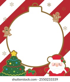 December winter Christmas concept frame, card, banner, border illustration. Red striped pattern background with blank frame in ornamental form and cute Santa, cookie character, Christmas tree, gifts.