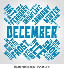 December word cloud on gradient gray background. Seasons concept. Vector.