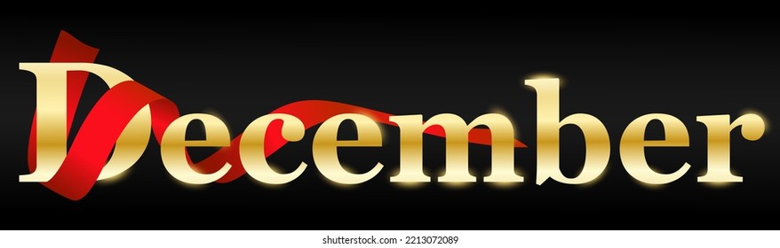 December written with golden color. December letter golden color with red ribbon on black background, December typography for banner, flyer, greeting card, calendar. isolated vector design