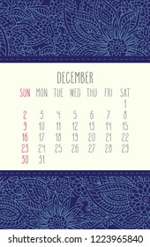 December year 2018 vector calendar over blue lacy floral doodle hand drawn background, week starting from Sunday.