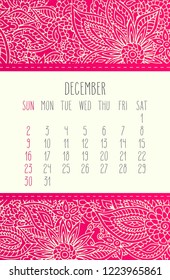 December year 2018 vector calendar over pink lacy floral doodle hand drawn background, week starting from Sunday.