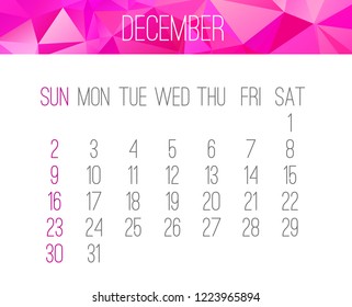 December year 2018 vector calendar. Week starting from Sunday. Contemporary low poly design in pink color.