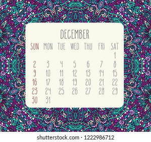 December year 2018 vector month calendar over lacy doodle hand drawn teal and purple background, week starting from Sunday.