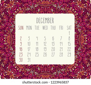 December year 2018 vector month calendar over lacy doodle hand drawn pink background, week starting from Sunday.
