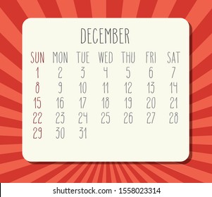 December year 2019 vector monthly calendar. Week starting from Sunday. Bright orange and red rays of light background.