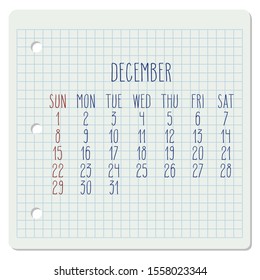 December year 2019 vector monthly calendar on a chequered notebook page. Week starting from Sunday. Hand written typography.