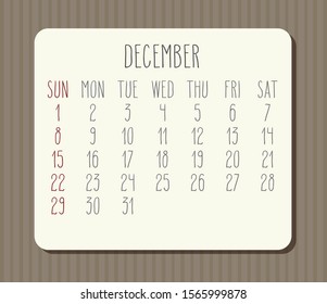Calendario mensual vectorial de diciembre de 2019. Semana a partir del domingo. Diseño de rayas marrones vintage.