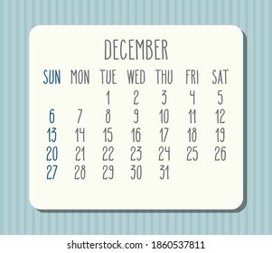 December year 2020 vector monthly light calendar. White frame over pastel blue striped background. Week starting from Sunday.
