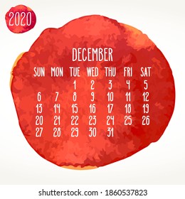 December year 2020 vector monthly artsy calendar. Hand drawn watercolor red paint circles design over white background. Week starting from Sunday.