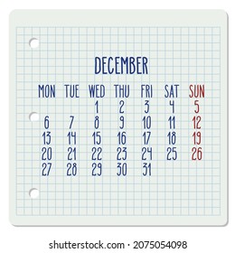 December year 2021 vector monthly calendar on a chequered notebook page. Week starting from Monday. Hand written typography.