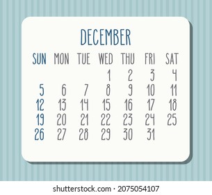 December year 2021 vector monthly light calendar. White frame over pastel blue striped background. Week starting from Sunday.