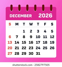 December2026 Calendar. December 2026 Monthly Planner. Dec 2026. Pink dec 2026 Time Management Calendar. vector