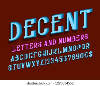 Decent letters with numbers and currency signs. Urban volumetric font. Isolated english alphabet.