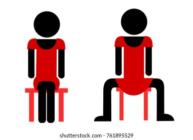 Decent position vs Womanspreading ( sitting woman with wide apart legs ). Traditional pose of lady with knees together or provocative and seductive unladylike behaviour