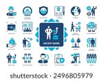 Decent Work icon set. Work Safety, Standards, Paid Vacation, Fairness, People, Migration, Decent Wages, Employee Benefits. Duotone color solid icons