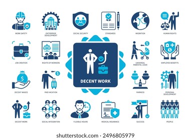 Symbolsatz für menschenwürdige Arbeit. Arbeitssicherheit, Standards, bezahlter Urlaub, Fairness, Menschen, Migration, menschenwürdige Löhne, Leistungen für die Mitarbeiter. Duotonfarben-Volltonsymbole