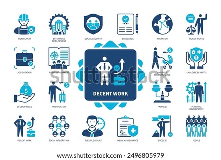 Decent Work icon set. Work Safety, Standards, Paid Vacation, Fairness, People, Migration, Decent Wages, Employee Benefits. Duotone color solid icons