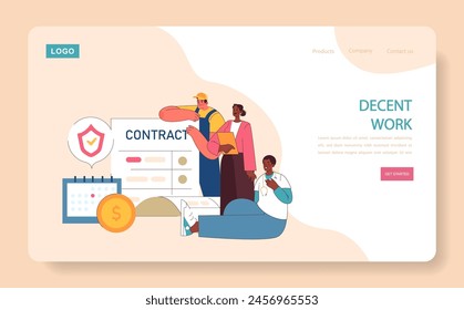 Web o aterrizaje de trabajo decente. Promover Términos de empleo justo y seguridad laboral. Celebrar la diversidad de la fuerza laboral y las prácticas laborales éticas. Ilustración vectorial plana