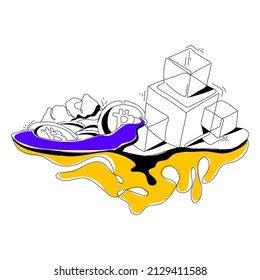 Decentraland Flat Illustration Metaverse Virtual Reality concept, color dark blue, yellow, black, hand drawn line style, can be used for landing page, web, UI, banner, web development