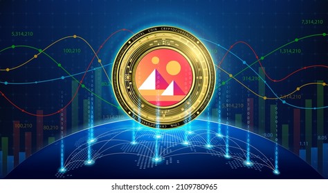 Decentraland gold coin. Token cryptocurrency currency on future internet. Digital online technology blockchain stock market and crypto currencies. Hologram with a globe and world map. Vector EPS10.