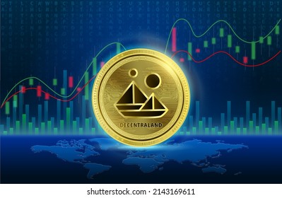 Ilustración del vector 3D de Decentraland (MANA). Cryptocurrency blockchain. Futura moneda alternativa de tecnología de reemplazo digital, tabla de acciones dorada plateada. La lista de símbolos de monedas variadas es de fondo.
