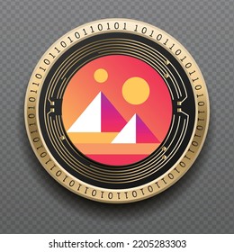 Decentraland (MANA) cryptocurrency golden coin isolated in transparent background. Virtual currency token symbol vector illustration based on cryptography and block chain technology.