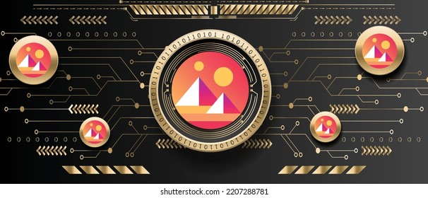 Decentraland MANA cryptocurrency golden coin on futuristic technology background vector illustration banner and wallpaper template 