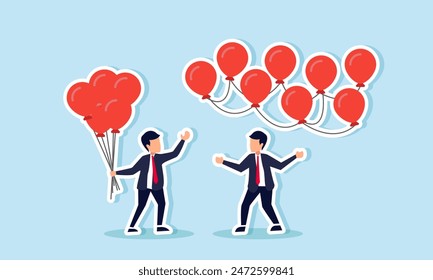 Decentralization: block chain tech distributes authority, enabling DeFi, concept of Businessman with tied balloons looks at decentralized balloon network