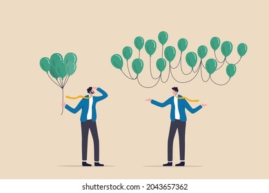 Decentralization, blockchain technology to distribute authority without center, DeFi Decentralized Finance concept, businessman holding tied up balloons looking at decentralized balloons network.
