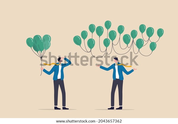 Decentralization, blockchain technology to\
distribute authority without center, DeFi Decentralized Finance\
concept, businessman holding tied up balloons looking at\
decentralized balloons\
network.