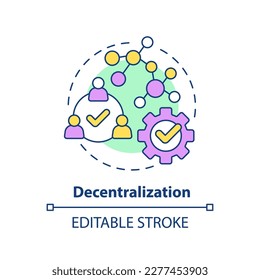 Dezentralisierungskonzept-Symbol Engagieren Sie Outsource-Spezialisten. DAO charakteristische abstrakte Idee dünne Linie Illustration. Einzeln Umrisszeichnung. Bearbeitbarer Strich. Arial, Myriad Pro Fett Schriftarten verwendet