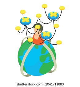 Decentralization icon isometric vector. Planet, female character, communication. Financial technology, cryptocurrency concept, blockchain, decentralized communication