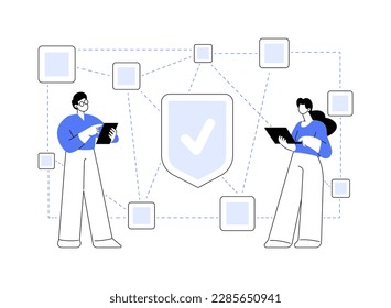 Ilustración vectorial de concepto abstracto de aplicación descentralizada. Aplicación digital, blockchain, red informática P2P, aplicación web, múltiples usuarios, criptodivisa, metáfora abstracta de código abierto.