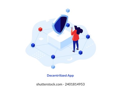Abstraktes dezentralisiertes Anwendungskonzept, Vektorgrafik. Digitale Applikation, Blockchain, P2P Computernetzwerk, Web App, mehrere Benutzer, Kryptowährung, Open Source isometrische Metapher.
