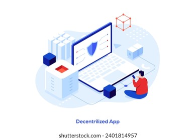 Decentralized application abstract concept vector illustration. Digital application, blockchain, P2P computer network, web app, multiple users, cryptocurrency, open source isometric metaphor.
