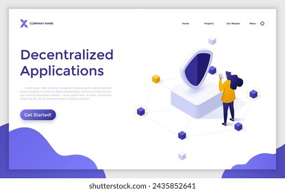 Decentralized application abstract vector illustration. Digital application, blockchain, P2P computer network, web app, multiple users, cryptocurrency, open source isometric landing page