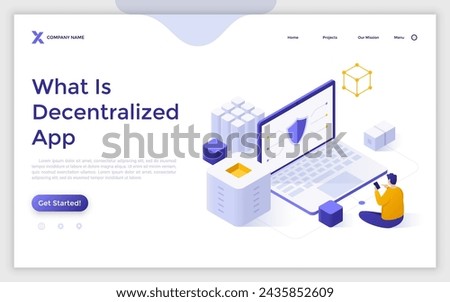 Decentralized application abstract vector illustration. Digital application, blockchain, P2P computer network, web app, multiple users, cryptocurrency, open source isometric landing page