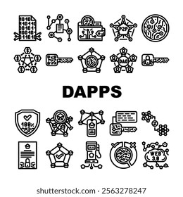 decentralized applications dapps icons set vector. blockchain smartcontracts, cryptocurrency web3, defi, nft token, ledger peer to peer decentralized applications dapps black contour illustrations