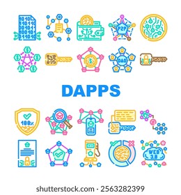 decentralized applications dapps icons set vector. blockchain smartcontracts, cryptocurrency web3, defi, nft token, ledger peer to peer decentralized applications dapps color line illustrations