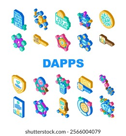 decentralized applications dapps icons set vector. blockchain smartcontracts, cryptocurrency web3, defi, nft token, ledger peer to peer decentralized applications dapps isometric sign illustrations