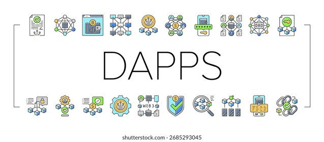 aplicativos descentralizados dapps ícones definir vetor. blockchain smartcontracts, criptomoeda, web3 defi, nft token ledger, peer to peer aplicativos descentralizados dapps cor linha ilustrações