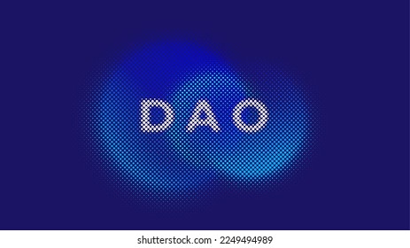 Decentralized Autonomous Organisation. Illustration with typography DAO for infographics. Digital technology concept, smart contract, cryptocurrency. Vector wallpaper, blue background, blurred circle. svg