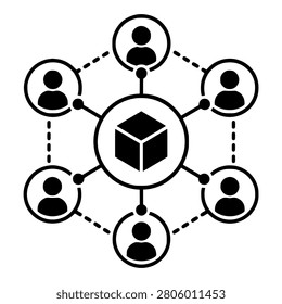 Decentralized Autonomous Organization DAO with Members Around Blockchain Block, Black Vector Crypto Governance and Community Symbol